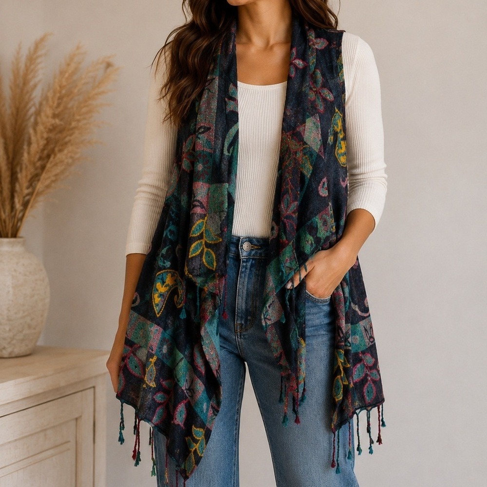 Natural Floral Fringe Vest Indie Bohemian Hippie Festival Eclectic‎ Ren Faire